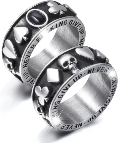 Vista 18 de Anillos de calavera gótica vintage para hombres y mujeres, acero inoxidable, ónix negro, anillo de póquer, anillo de esqueleto plateado