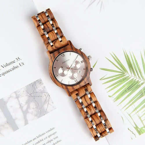 Vista 6 de BOBO BIRD Relojes de madera para hombre, correa de metal de madera de lujo, cronógrafo y visualización de fecha, reloj de cuarzo versátil