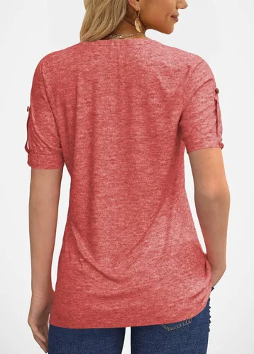 Vista 3 de Women's Zipper Summer Pleated Button Short Sleeve T-Shirt Summer V-Neck Solid Color Casual top