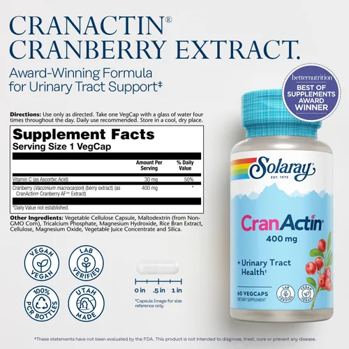 Vista 2 de SOLARAY CranActin Extracto de arándano 400 mg – Suplementos de arándano para mujeres y hombres – Apoyo a la salud de la vejiga y el tracto urinario