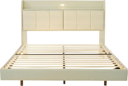 Vista 5 de Base de cama flotante de tamaño Queen, con luces LED de ambiente y carga USB, base de cama LED moderna tapizada de poliuretano con plataforma LED