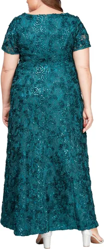 Vista 2 de Alex Evenings Vestido largo de rosetón acampanado con mangas cortas para mujer