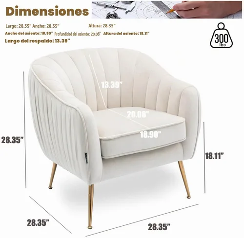 Vista 2 de Silla de Acento de Terciopelo, Silla Moderna de Barril, Sillas con Brazos para Sala de Estar y Dormitorio, Acabado Dorado, Beige