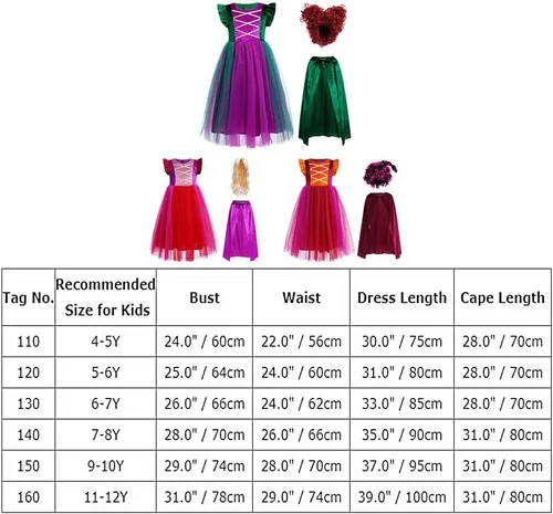 Vista 7 de FYMNSI Kids Girls Witch Costume Witch Sisters Dress Cape Cloak Wigs Halloween Cosplay Outfit Fancy Dress up Witch Dresses