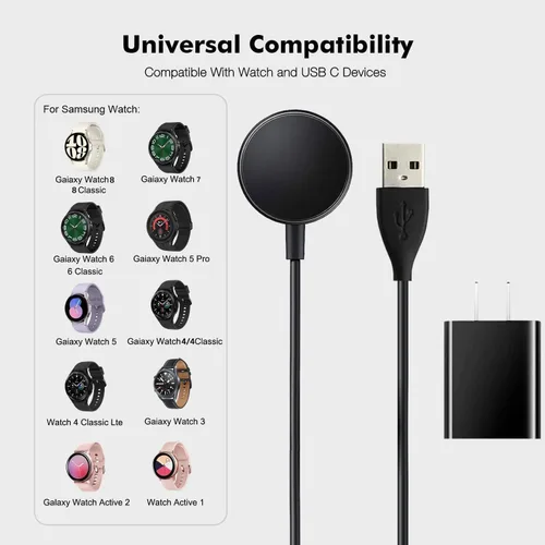 Vista 2 de Cable de carga para reloj compatible con Samsung Galaxy Watch 8/8 Classic/7/6/Ultra, 6 Classic, 5/5 Pro/4/4 Classic/3/Active 2/Active 1, adaptador