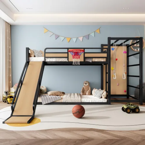 Vista 13 de Cama tipo loft de metal individual con estanterías deslizantes y de almacenamiento, marco de cama de metal resistente con aro de baloncesto, anillos