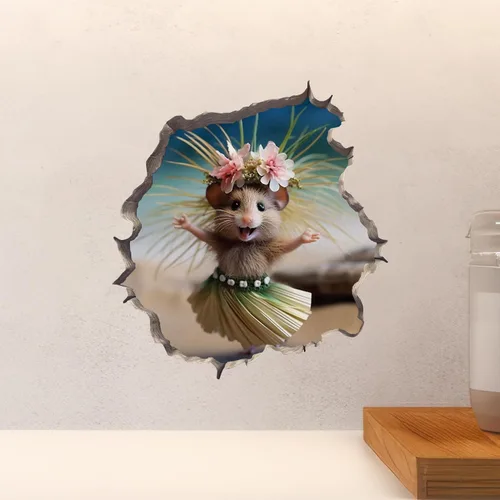Vista 5 de Luau Mouse in Mouse Hole - Calcomanía de pared 3D con agujero de ratón