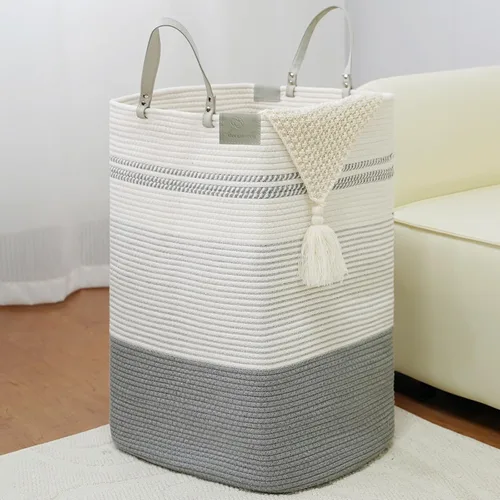 Vista 16 de Cesta grande de 79 L para ropa sucia, cesta tejida de algodón con asas, cesta de almacenamiento para ropa sucia en el baño, cesta decorativa