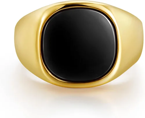 Vista 2 de TRUMIUM Anillos de sello chapados en oro de 18 quilates para hombres y mujeres, con incrustaciones de ónix negro, anillos de boda de oro plateado