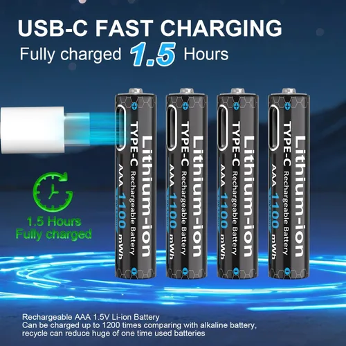 Vista 4 de Baterías de litio AAA recargables USB de 1100 mWh (paquete de 4, 1.5 V), baterías triple A con cable tipo C, 1200 ciclos, batería AAA de larga