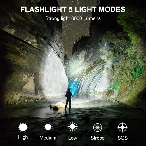 Vista 6 de APLOS Linterna recargable F60 Zoom, 6000 lúmenes, linternas LED súper brillantes, 5 modos de zoomable, impermeable, luces tácticas, linterna
