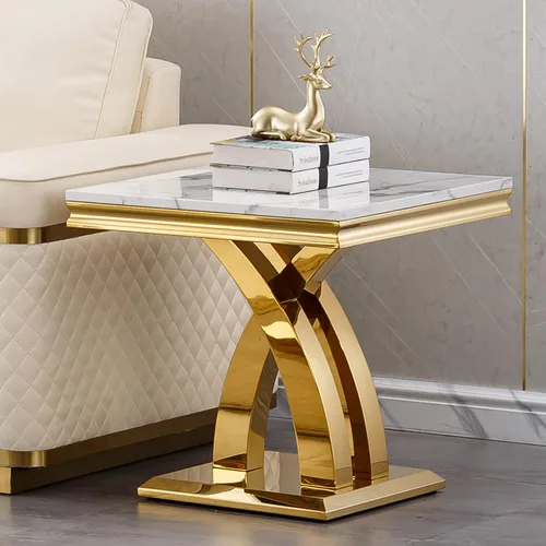Vista 39 de Mesa de centro de mármol negro Henf de lujo, mesa auxiliar rectangular de mármol sintético de imitación con base de acero inoxidable dorado