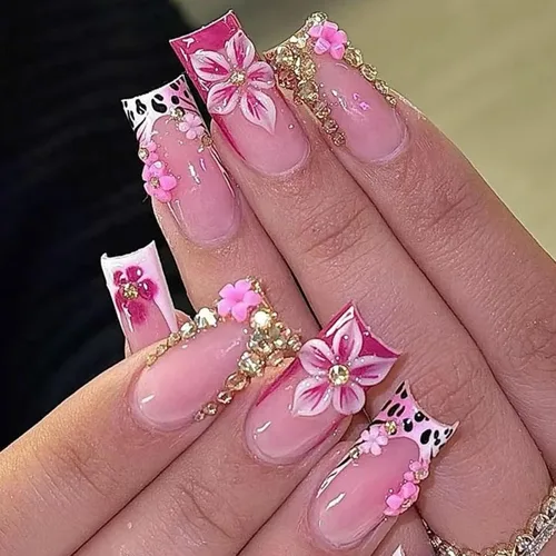 Vista 14 de Uñas postizas a presión con punta francesa cuadrada larga con arco 3D, diseños de línea de copo de nieve, uñas de invierno, uñas a presión