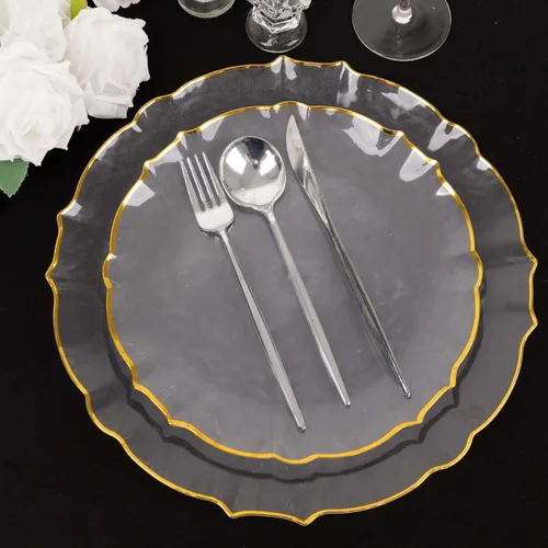 Vista 12 de Efavormart - Paquete de 10 platos de postre de plástico transparente con girasol con borde festoneado dorado, platos redondos desechables para Claro