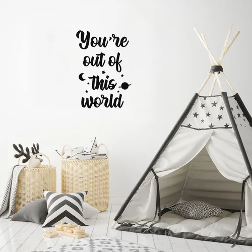 Vista 2 de Calcomanía de vinilo para pared, con texto en inglés "You're Out of This World", 24 x 17 pulgadas, moderna, inspiradora, bonita, con cita espacial