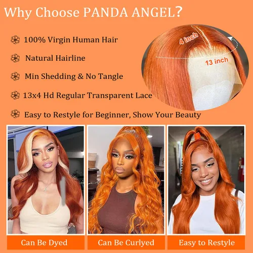 Vista 5 de PANDA ANGEL Peluca de encaje frontal de jengibre de cabello humano 13x4 lacio, naranja jengibre, frontal de encaje HD transparente sin pegamento