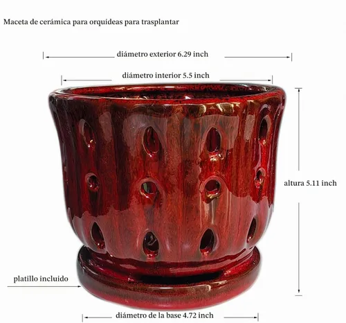 Vista 3 de Maceta de Cerámica para Orquídeas con Platillo Adjunto y Agujero de Drenaje de 6 Pulgadas (Rojo)