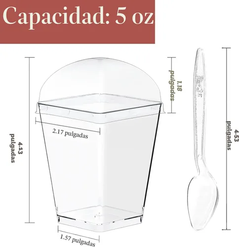 Vista 3 de Hiasobre Paquete de 100 vasos de postre de plástico transparente de 5 onzas con tapas y cucharas, tazas cuadradas reutilizables para aperitivos