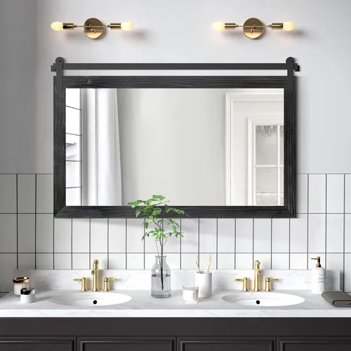 Vista 24 de COGOOD Espejo de puerta de granero de granja, 25 x 18 pulgadas, espejo decrativo con marco de madera rústica para baño, sala de estar, decoración