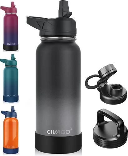 Vista 35 de CIVAGO Botella de agua aislada de 22 onzas con pajita, frasco de agua deportiva de acero inoxidable con 3 tapas