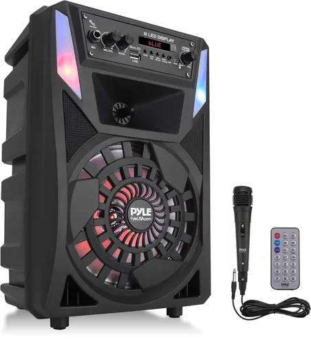 Vista 8 de Pyle Sistema de altavoces Bluetooth portátil de 12 pulgadas, altavoz de karaoke de 1000 W con luces LED, USB/Micro SD/FM/BT/Aux/control