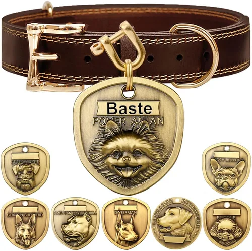 Vista 13 de Collar de cuero auténtico para perro + Juego de etiqueta para perro bulldog con relieve 3D (XS-S)