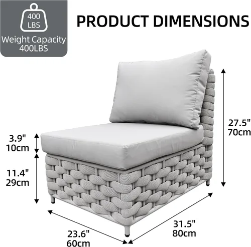 Vista 3 de TWT Sofá individual modular para exteriores con cojín grueso, gris claro Cuerda Textilene Gris Claro W/Cojín Gris Claro