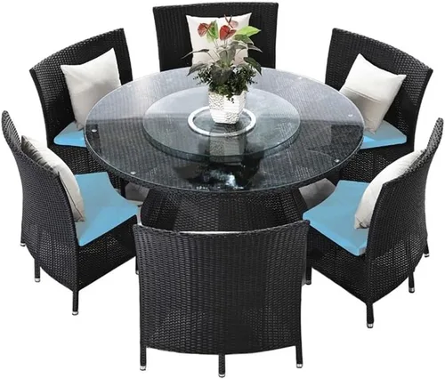 Vista 8 de Manhattan Comfort Nightingdale - Juego de comedor para exteriores de 7 piezas con cristal redondo Lazy Susan, incluye 6 sillas de ratán, cojines