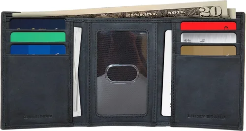 Vista 4 de Lucky Brand Bandera de cuero para hombre en relieve RFID Trifold