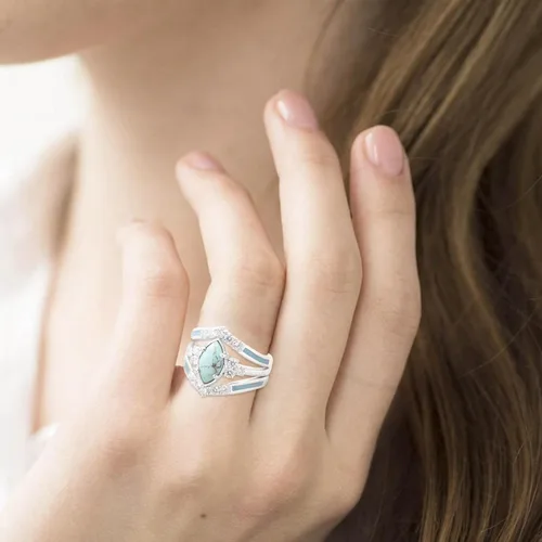 Vista 5 de Anillos de diamantes turquesa de 3 piezas para mujer de plata de ley natural anillos de joyería simples de moda