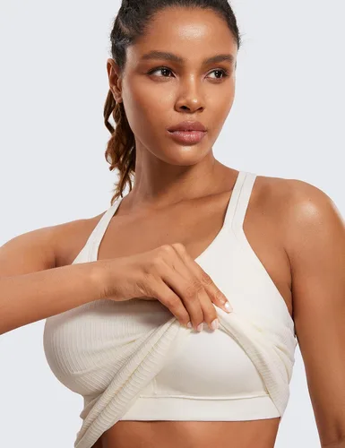 Vista 3 de CRZ YOGA Camiseta sin mangas acanalada sin costuras para mujer con brasier integrado, cuello redondo acolchado, adelgazante, atlética, larga