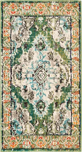 Vista 3 de Safavieh Tapete decorativo de 2 pies 2 pulgadas x 4 pies de la colección Monaco, verde y celeste, diseño desgastado de medallón, no desprende