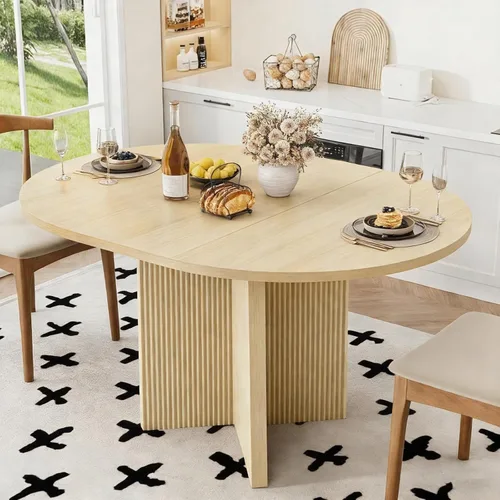 Vista 10 de Mesa de comedor extensible, redonda de 35.4 pulgadas a 47.2 pulgadas, mesa de comedor de madera ovalada con hoja de extensión, mesa de cocina