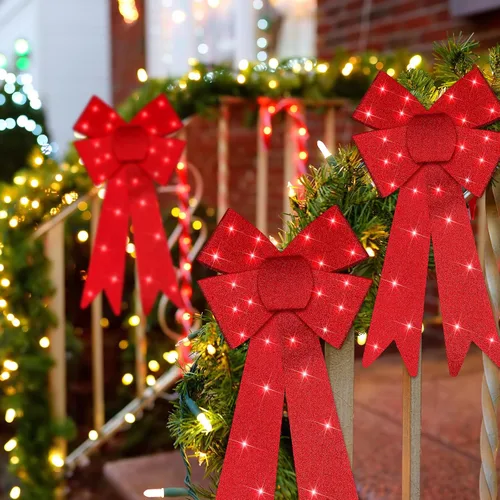 Vista 7 de Liliful 3 lazos de Navidad grandes de 18 x 10 pulgadas con luz roja para corona y remate de árbol, adornos gigantes iluminados para remate de árbol