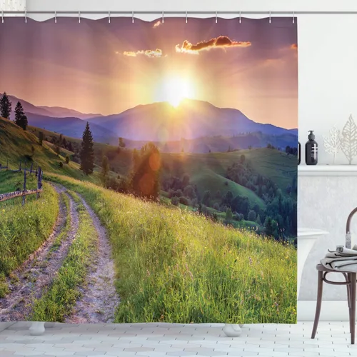Vista 80 de Ambesonne Decor Collection, juego de cortina con ganchos para regadera Amarillo y marrón