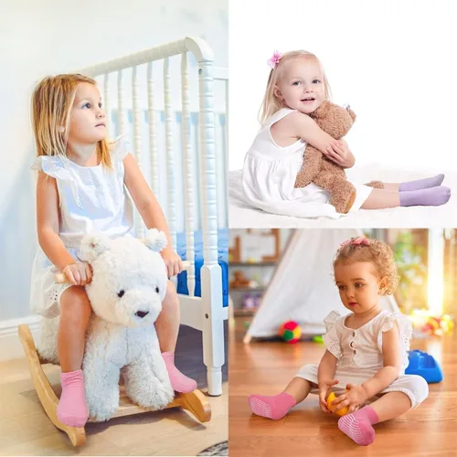 Vista 2 de Calcetines antideslizantes para niños, calcetines de corte medio para niños pequeños y niñas (0-7 años), 12 pares de calcetines antideslizantes