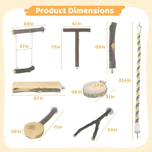 Vista 5 de 8 perchas para pájaros, soporte de madera de manzana natural con cuerda elástica de 22.4 pulgadas, juguetes para masticar pájaros y accesorios
