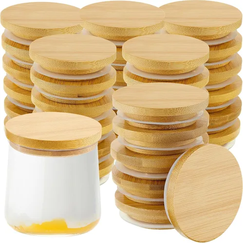 Vista 9 de Juego de tapas para tarros de yogur Sawysine, reutilizables, de bambú y madera, redondas, con anillos de sellado de silicona, compatibles con tarros