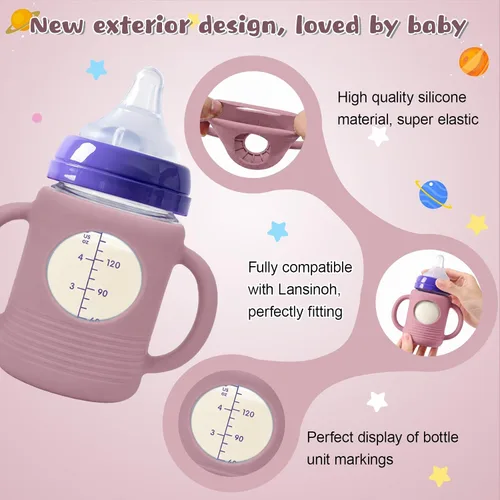 Vista 3 de 3Pack Silicone Sleeve for Lansinoh Glass Bottles 5oz with XS/S Flow Nipples 5oz Beige/Pink/Gray