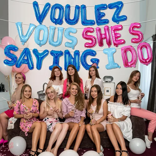 Vista 4 de Decoración de fiesta de despedida de soltera con temática de "Voulez Vous She's Saying I Do" con temática de Dancing Queen, globos de aluminio