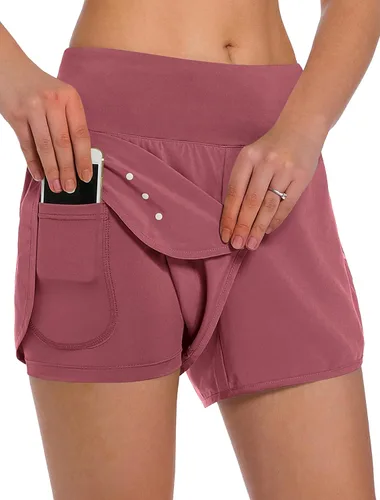 Vista 11 de Ksmien - Pantalones cortos de correr 2 en 1 para mujer, ligeros, para entrenamiento, gimnasio, yoga, forro con bolsillos para teléfono