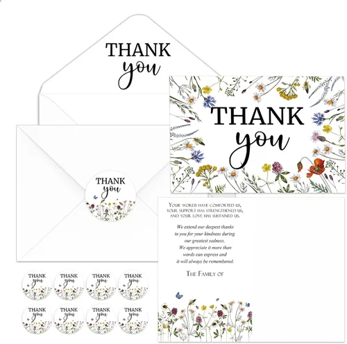 Vista 9 de Fumete Juego de 50 tarjetas de agradecimiento funerarias con sobres y calcomanías, tarjetas de agradecimiento de condolencias con mensaje