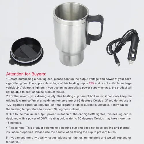 Vista 3 de Taza eléctrica para coche de 12V, taza con calefacción para automóvil, 450ml de acero inoxidable, taza eléctrica de viaje para café de 14oz. Taza