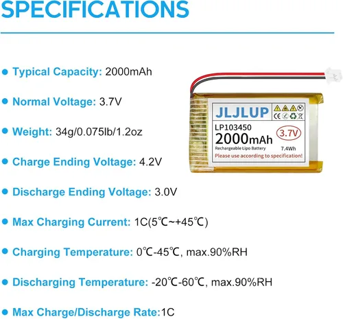 Vista 2 de Batería Lipo de 3.7 V 2000 mAh Baterías recargables de polímero de litio con cable PH 0.079 in Conector Circuito de protección integrado
