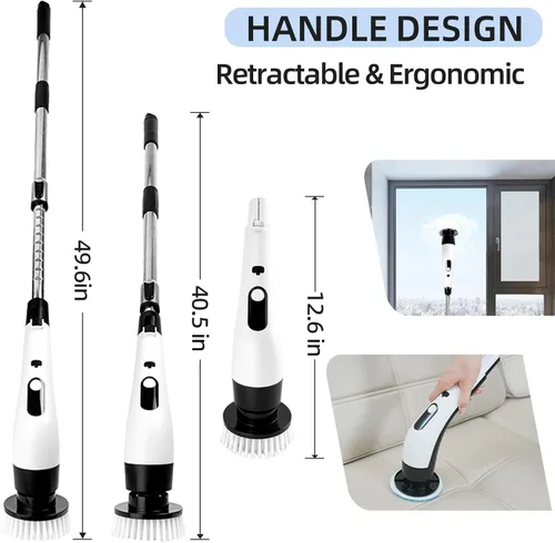 Vista 6 de Limpiador giratorio eléctrico inalámbrico con 8 cabezales de cepillo, limpieza de mano y ducha con mango ajustable, IPX7 impermeable para ducha