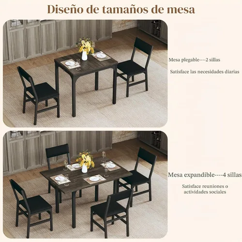 Vista 2 de HUAHUU Juego de mesa de comedor para 4, juego de sillas con cojín para cocina extensible de 4, mesa de comedor rectangular con marco de metal