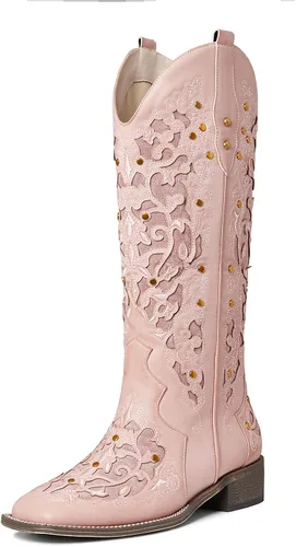 Vista 2 de mikarka Botas vaqueras para mujer, con tachuelas bordadas, botas vaqueras de media pantorrilla, botas occidentales de meter, punta cuadrada, tacón