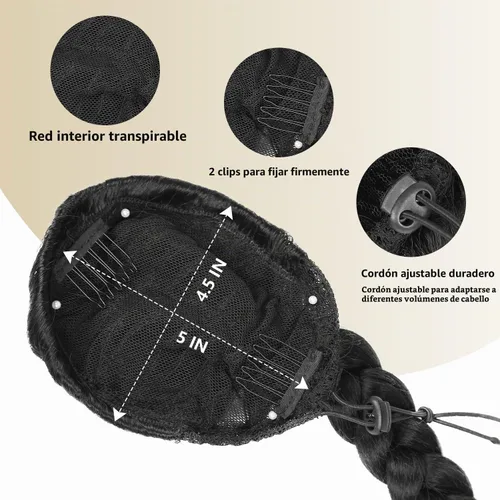 Vista 6 de WIGER Cola de caballo larga trenzada para mujeres negras de 34 pulgadas con cordón de ajuste, cola de caballo Yaki recta con clip, extensiones