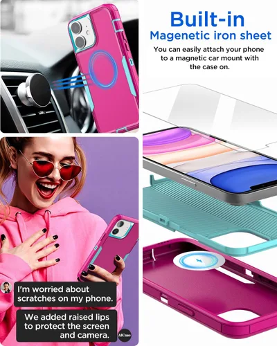 Vista 5 de AICase Funda magnética para iPhone 11, soporte magnético para automóvil, resistente de 2 capas, resistente a los bolsillos, protección de grado
