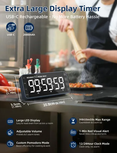Vista 2 de Temporizador digital de cocina de 7.8 pulgadas con pantalla LED grande, temporizador de cuenta regresiva recargable magnético, 5 alarmas y 4 niveles